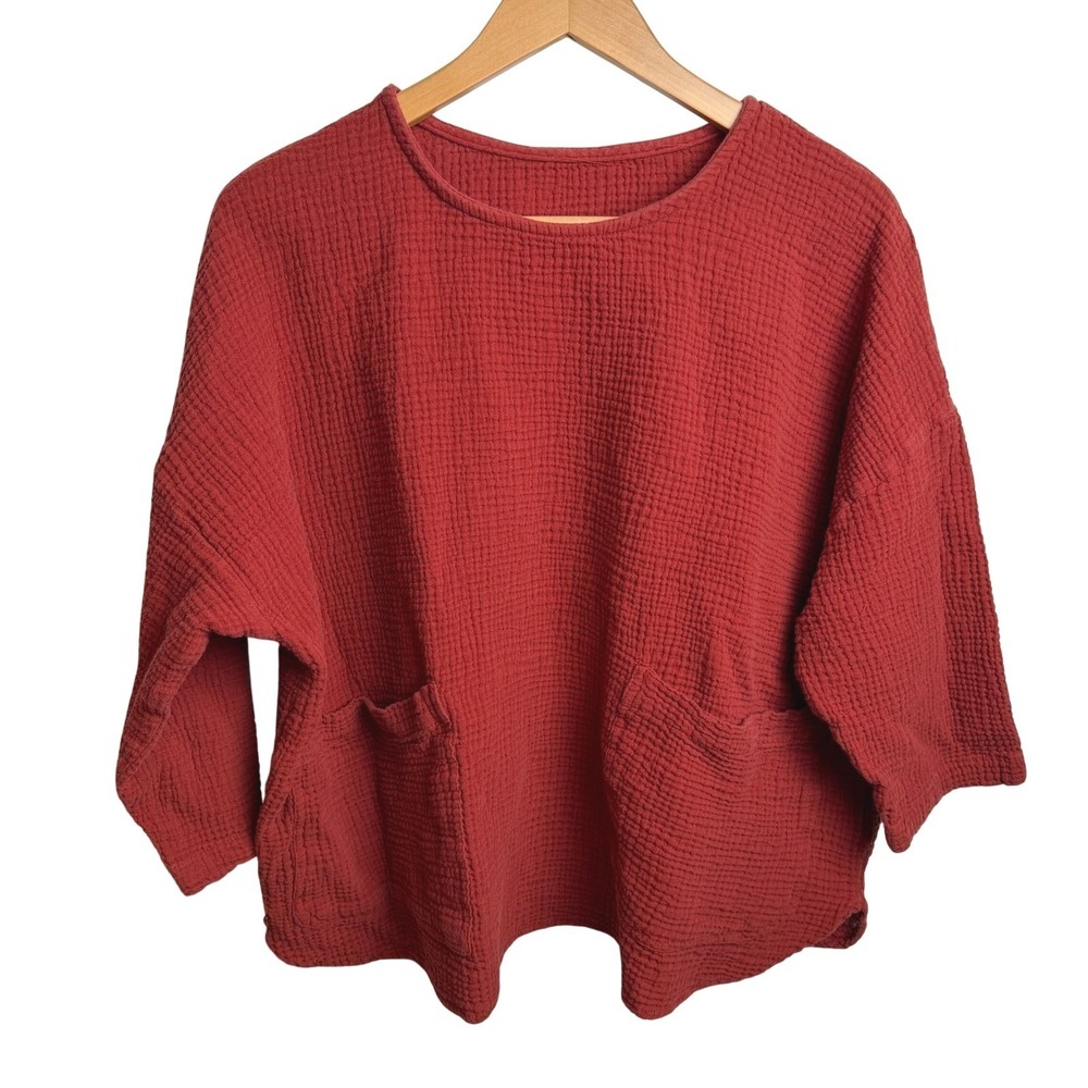 Cotton Gauze Boxy Top 2X Rust Textured Pocket Pullover Fall Boho Coastal Minimal - Picture 6 of 8